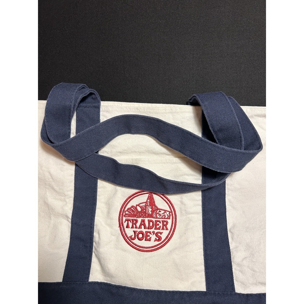 Trader Joe's Large Canvas Tote Bag Red White Blue Logo Classic Grocery Bag - Picture 6 of 9